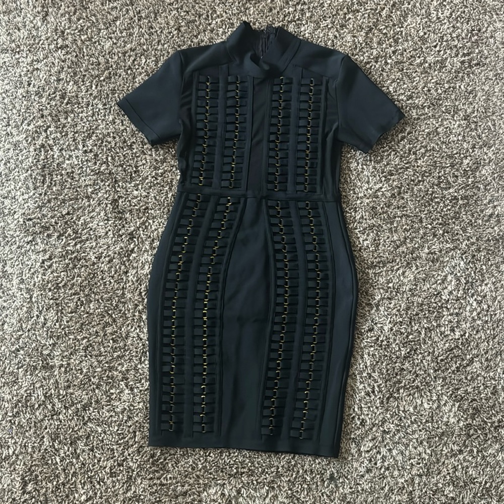 Chic Black Short-Sleeve Dress with Gold Detailing